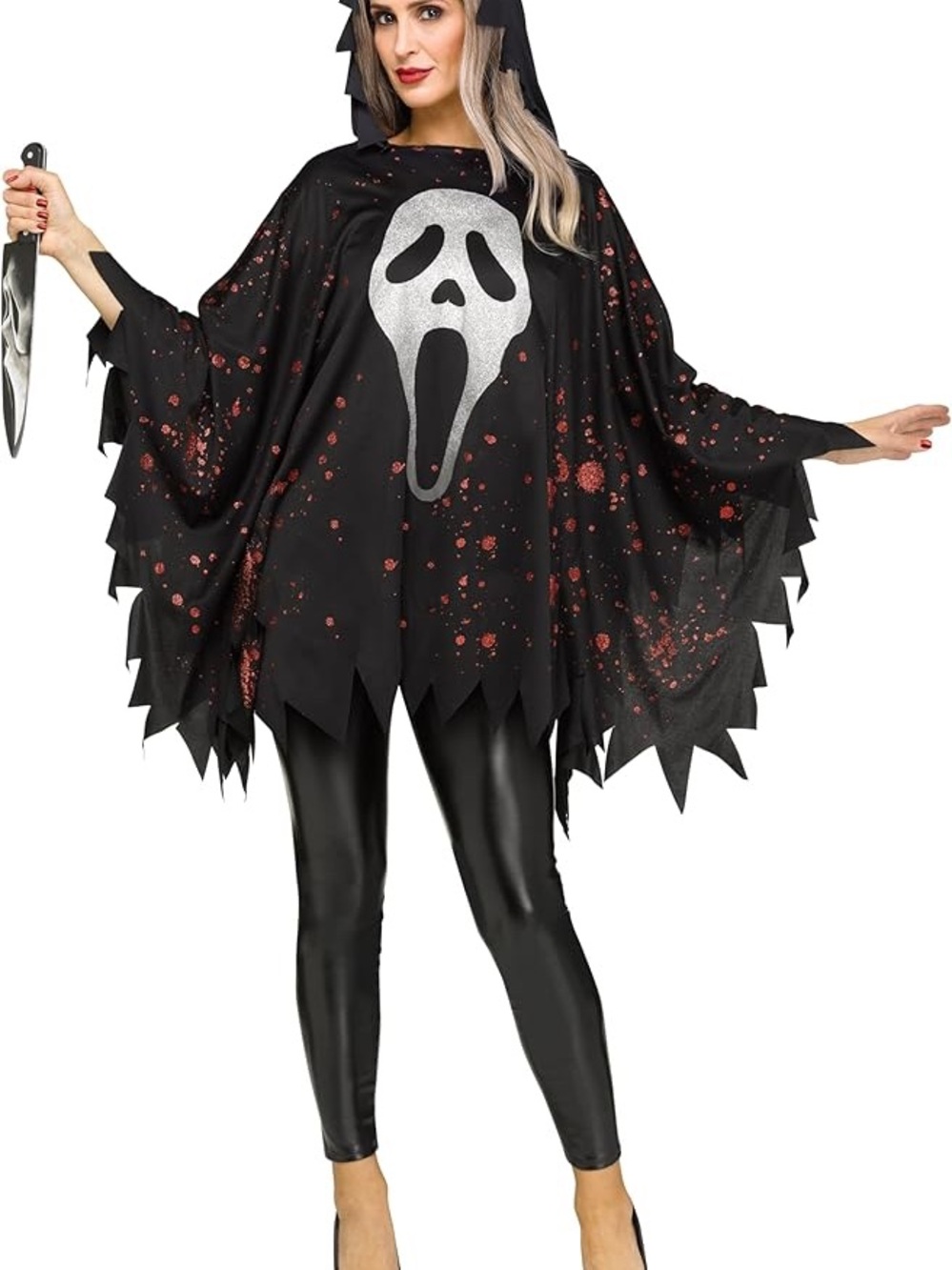 Black Hooded Scream Poncho with Silver Mask Graphic - Women's Halloween Costume